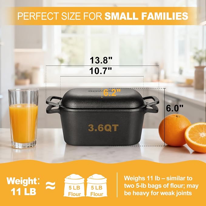 3.6 QT Cast Iron Loaf Bread Pan with Lid, Oval Dutch Oven for Bread Baking | Pre-Seasoned, Even Heat, Easy Release, Heavy-Duty, Oven Mitts & Recipe Book Included