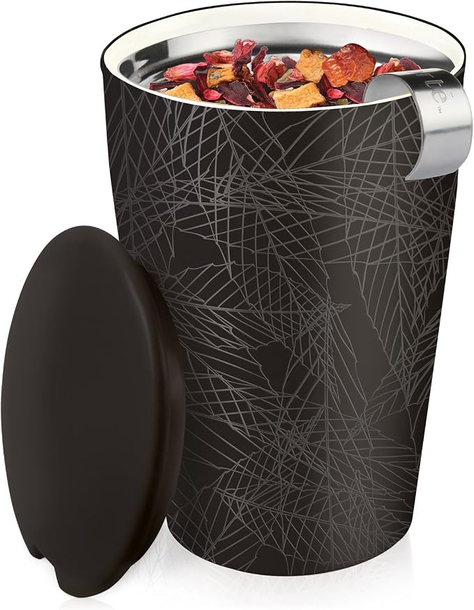 Tea Forte Double-Walled Ceramic Kati Cup, Noir, 12 oz | Insulated Ceramic - Stainless Steel Loose Leaf Infuser - Keeps Tea Hot Longer - Lid Included - Microwave & Dishwasher Safe