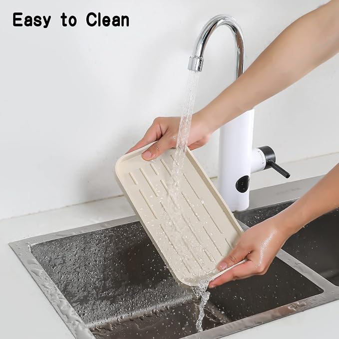 MicoYang Silicone Kitchen Sink Organizer Tray for Multiple Usage,Eco-Friendly Sponges Holder for Kitchen Bathroom Counter or Sink,Dish Soap Dispenser,Scrubber,Bottle,Cup (Tapioca, 10"×5.3")