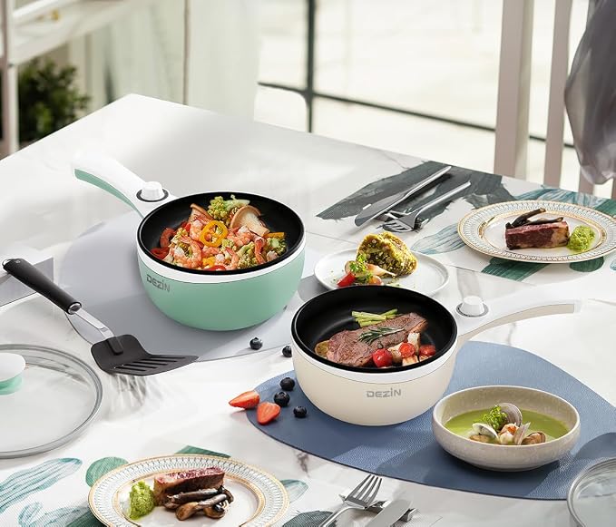Dezin Hot Pot Electric, 1.5L Non-Stick Portable Electric Pot, Dual Power | 700W Upgraded Electric Pot for Cooking Steak, Egg, Oatmeal, Soup, Mini Ramen Cooker for Dorm, Travel, Camping, RV, Black Pan
