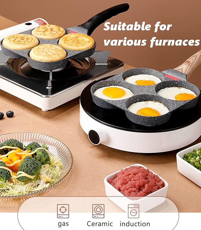 HUPECHAM 4-Cup Egg Pan Nonstick, and Granite Egg Frying Pan, Versatile Breakfast Skillet for Eggs, Pancakes, Plett, Crepes, Compatible with Gas Stove and Induction Cooktop
