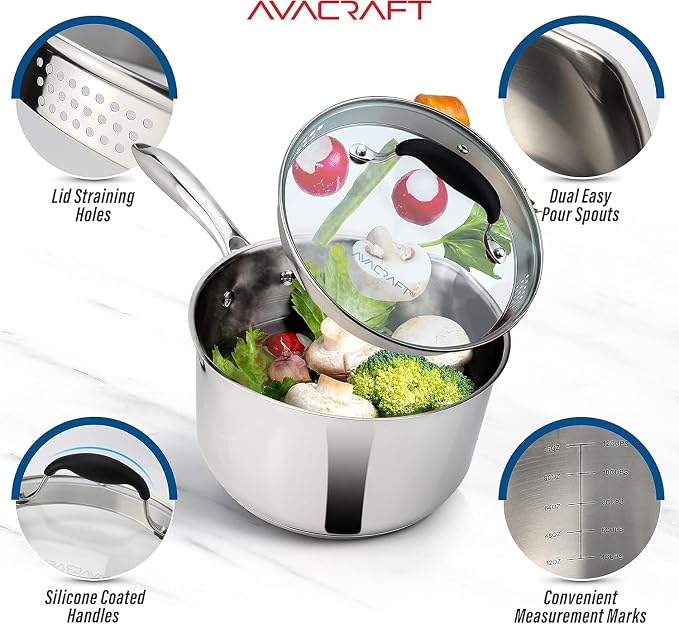 AVACRAFT 3.5 Quart Stainless Steel Saucepan with Glass Strainer Lid | 18/10 Stainless Steel, 5-Ply Capsule Base, Dual Pour Spouts, Induction Compatible, Ergonomic Handle, Dishwasher Safe