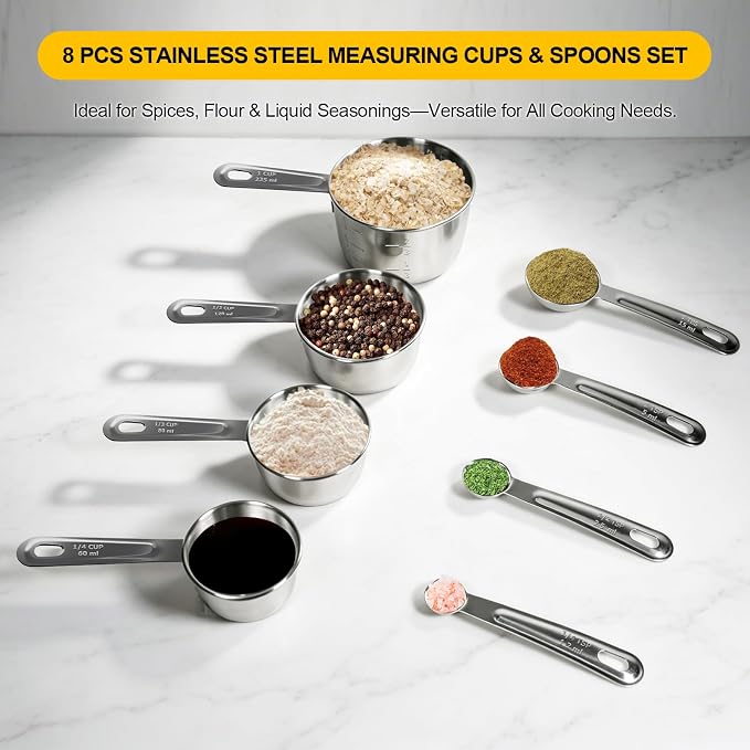 8 PCS Stainless Steel Measuring Cups and Spoons Set, Premium Measure Cups and Spoons Long Handle Stackable Measuring Cups for Kitchen Cooking & Baking, Dry & Liquid Dishwasher Safe