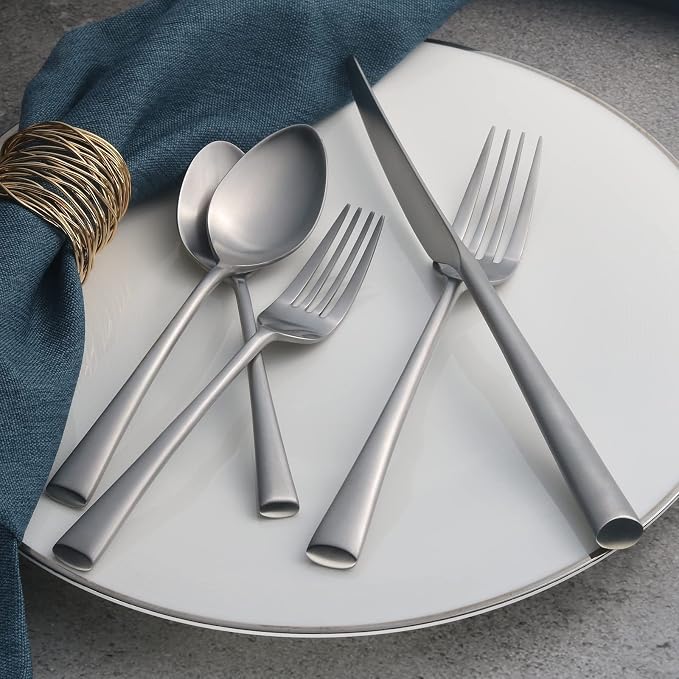 Alata Bailey 40-Piece Forged Stainless Steel Flatware Set Cutlery Set, Service for 8, Matte Satin Finish, Dishwasher Safe