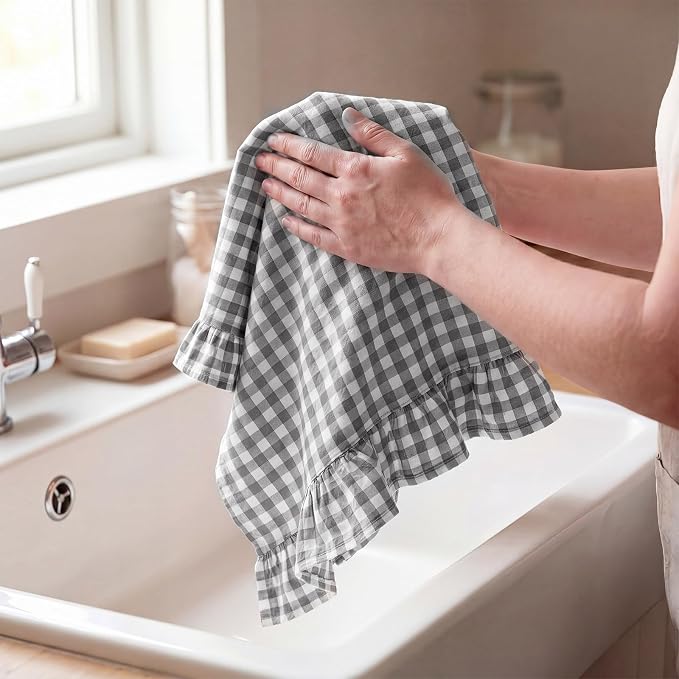 HunnmingRe 2 Pcs Gray Gingham Kitchen Towels Cotton Ruffled | Checked Dish Towels 18"x28" Tea Cloths Plaid Cottage Core Kitchen Decor for Farmhouse Charm Drying Dishes Entertaining Guests