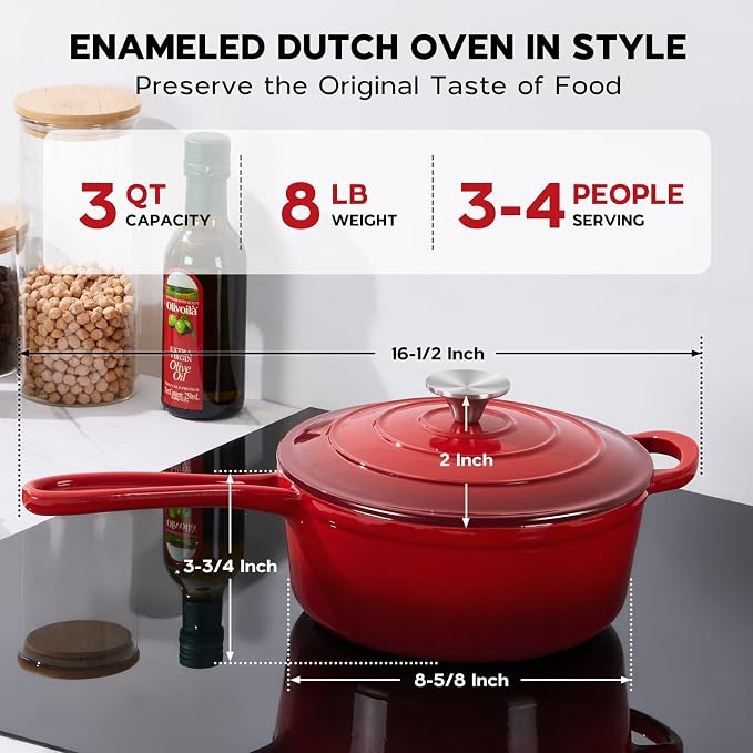 Onader Cast Iron Sauce Pan Pot, 3QT Small Saucepan with Lid, Enameled Cast Iron Dutch Oven Cooking Kitchen Pot, Nonstick & Heavy Duty – Red