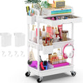 Goovilla 3 Tier Rolling Utility Cart Organizer with Removable Drawer, White | Stable and Sturdy Rolling Storage Carts with 2 Lockable Wheels for Bathroom, Kitchen, Snack, Craft, Makeup, Baby Essentials