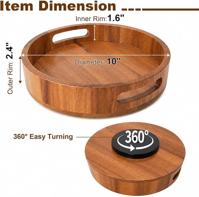 Wooden Lazy Susan – 10 in Acacia Wood Turntable Organizer for Cabinet，Multi-Purpose Home Decor Rotating Tray for Bathroom Accessories, Bedroom Makeup Organizer & Countertop Storage