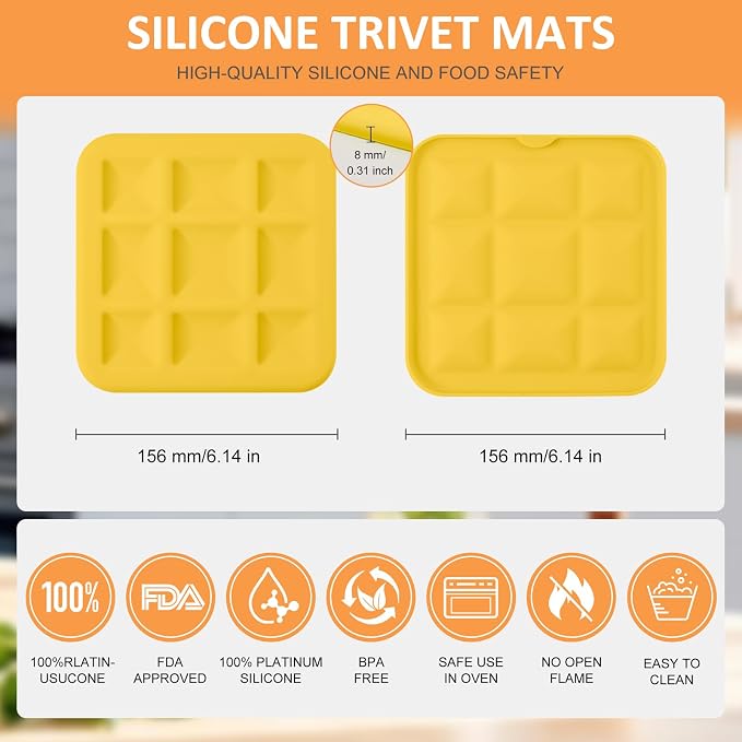Silicone Trivets for Hot Pots and Pans, Pot Holders Hot Pads 6 Pack Silicone Mats for Kitchen Counter, Soft Durable Drying Mat, Jar Opener and Coasters (Yellow)