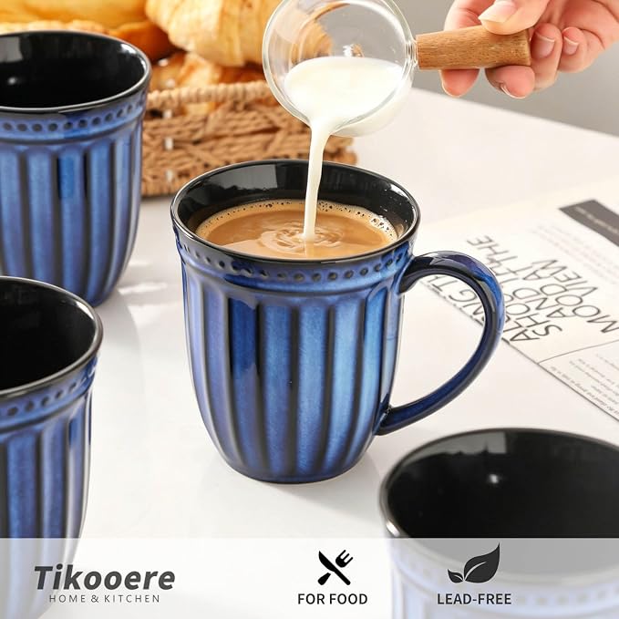 Coffee Mugs Set of 4, 16oz Navy Blue Ceramic Coffee Mug with Embossed Ribbed, Farmhouse Tea Cup Set for Latte, Cappuccino, Milk, Large Handle, Suitable for Office Home Restaurant Housewarming Gift