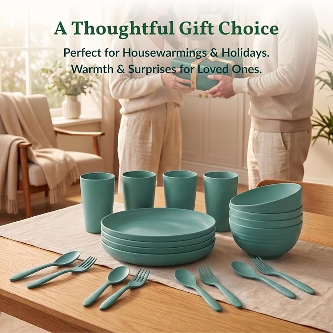 Wheat Straw Dinnerware Sets, Homienly 20pcs Unbreakable Microwave Dishwasher Safe Tableware Lightweight Bowls, Cups, Plates Set Reusable Dinner Plates Bowls set (Green)