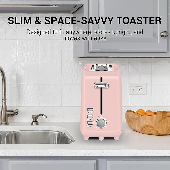 SEEDEEM Stainless Steel Toaster 2 Slice Slim, 10" Single Long Slot, Pink | 6 Shade Settings, Extra Wide Slot Fits Bagels & Artisan Bread, Defrost, Cancel Function, Removable Crumb Tray