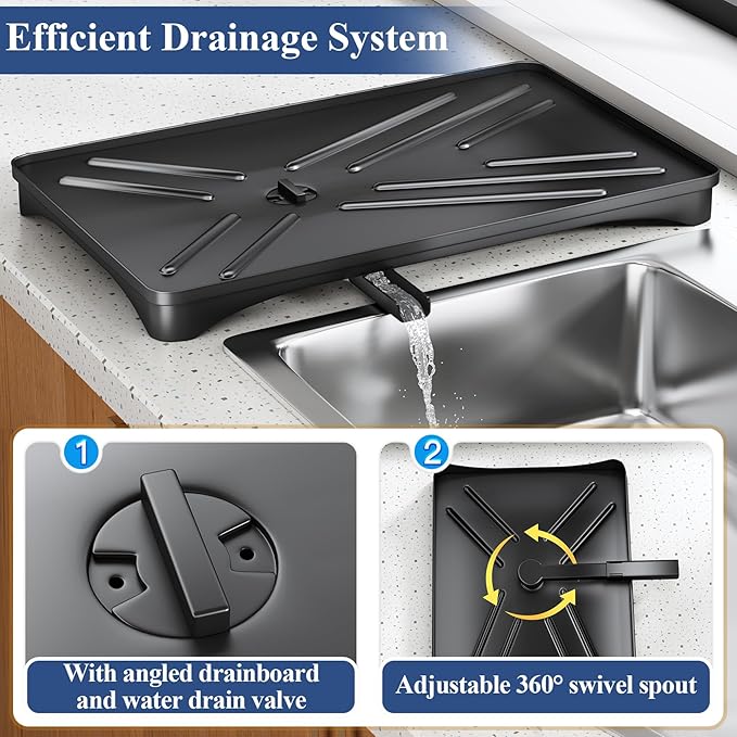 SNTD Dish Drying Rack for Kitchen Counter, 11.8" W x 16.7" L, Black | Rustproof Stainless Steel, Large Capacity, Self-Draining Drainboard, Rotating Spout, Removable Utensil Holder