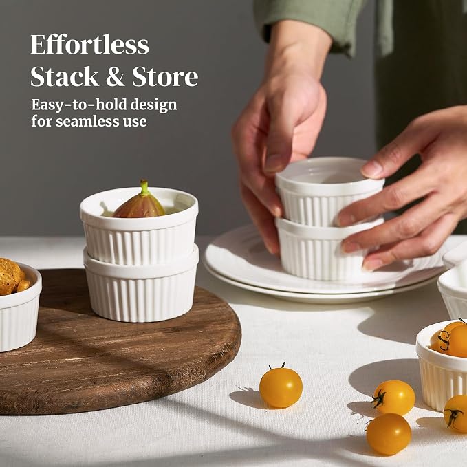 DOWAN 4 oz Ceramic Ramekins Set of 6, Oven Safe Souffle Dishes for Air Fryer Baking, Mini Round Baking Cups for Creme Brulee, Dipping Sauces, Desserts and Prep Bowls, White