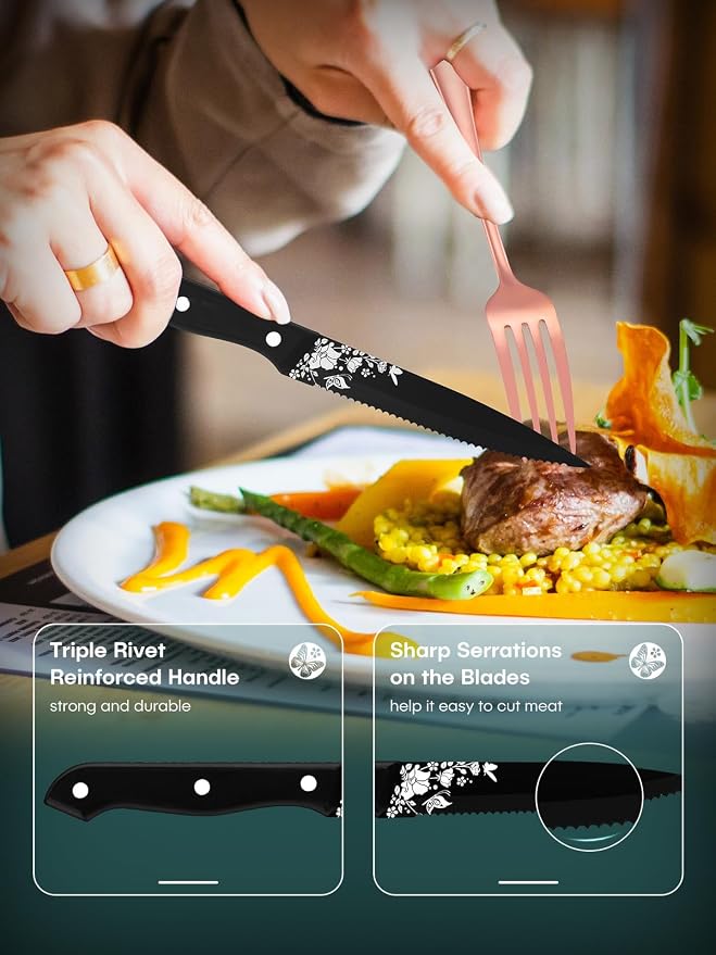 Stapava 24 Pcs Rose Gold Silverware with Steak Knives, Stainless Steel Copper Silverware Flatware Cutlery Set for 4, Include Forks Spoons and Knives set, Mirror Polished, Dishwasher Safe Utensils