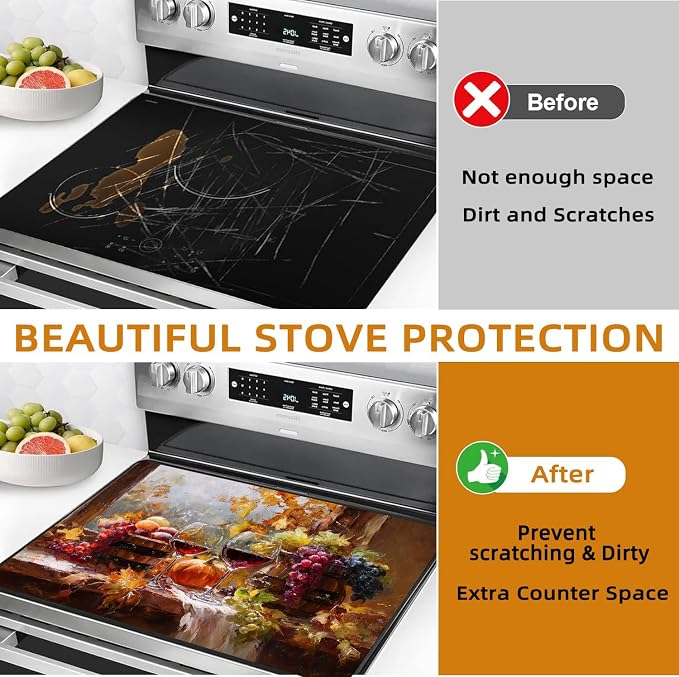 Autumn Stove Top Cover for Electric Stove,The Harvest Season Glass Top Stove Cover Protector,Red Wine Glasses Glass Cooktop Covers Pumpkins Kitchen Flat Electric Stove Top Covers