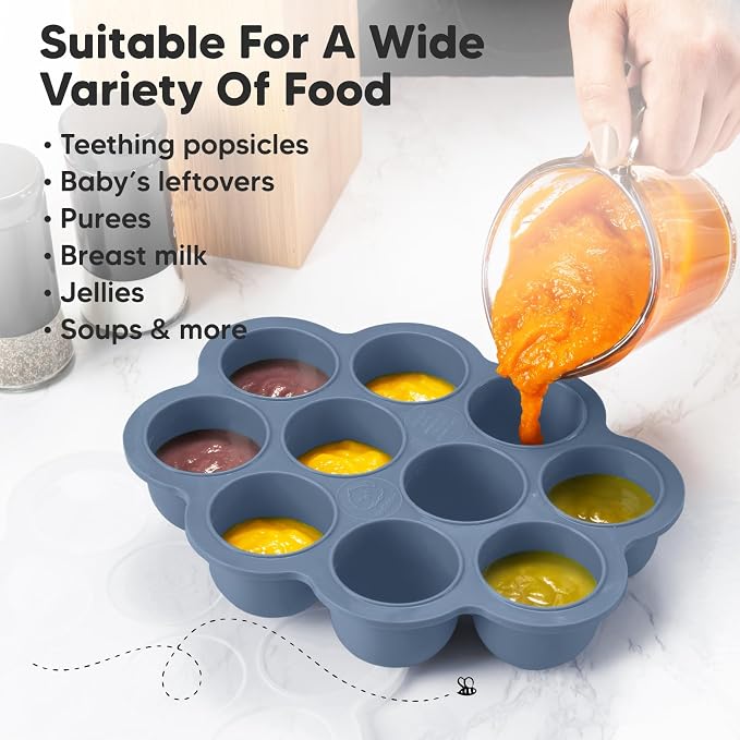 KeaBabies Silicone Food Freezer Trays with Lid, 2oz x 10 Pods (Slate) | Baby Food Storage Containers, Easy Puree Meal Prep, Breast Milk Silicone Freezer Molds, Dishwasher, Microwave Safe, BPA-Free