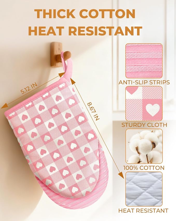 100% Thick Cotton Mini Oven Mitts Silicone Grip Girly Pink Heart | Girly Cute Oven Mitts for Women, Machine Washable, Non-Slip, Reversible Design Fits Both Hands, Stylish Kitchen Decor