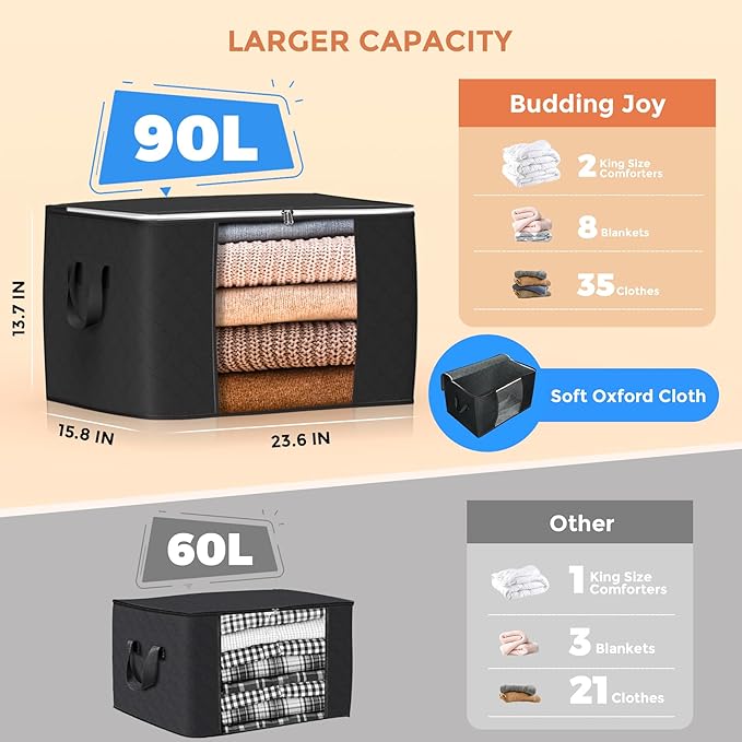 90L Large Storage Bags, 8 Pack Clothes Storage Bins Closet Organizers | Foldable Storage Containers, with Reinforced Handle, for Clothing, Blanket, Comforters, Bed Sheets, Pillows and Toys,Black