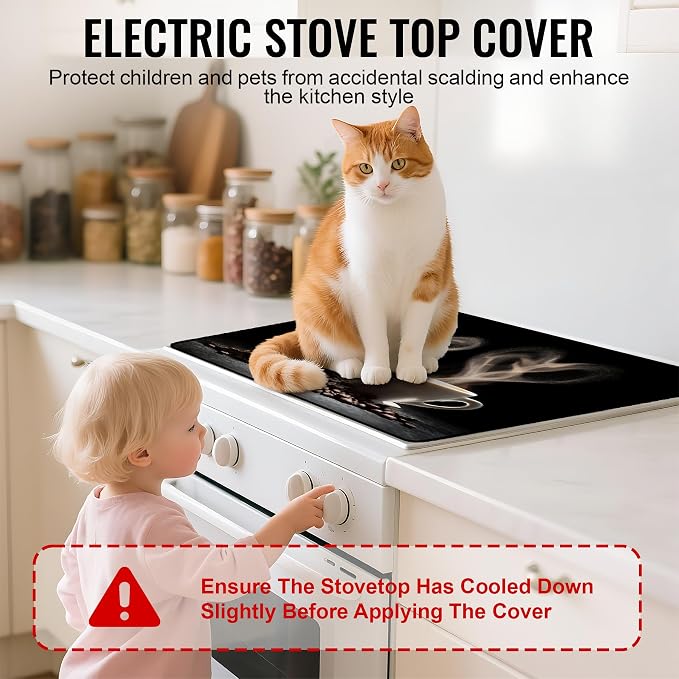 NYZE 28x20 Inch Electric Stove Top Cover - Heat Resistant Glass Flat Top Stovetop Protector Mat, Coffee Themed Dish Drying Mat & Extra Counter Space Saver for Kitchen Decor