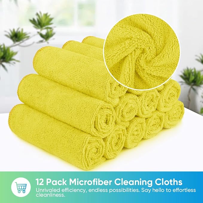 HOMEXCEL Yellow Microfiber Cleaning Cloth, 24 Pack Premium Microfiber Towels for Cars, Lint Free, Highly Absorbent, Reusable Cleaning Rags for Car, Household, Kitchen, Window, 11.5"X11.5"