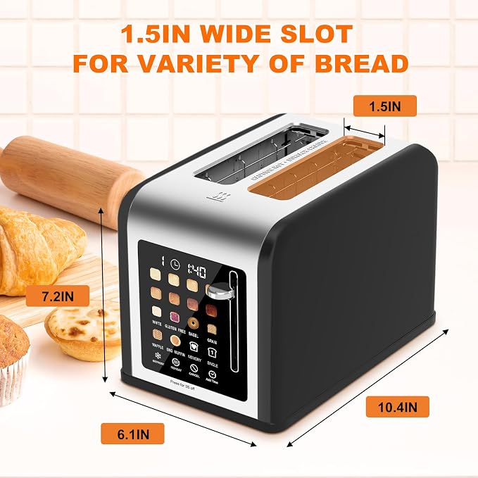 2 Slice Toaster Touch Screen, Stainless Steel Toasters Digital Timer 2 Slot Toasters, 8 Shade Settings 6 Bread Types for Bagel, Cancel, Defrost (Red)