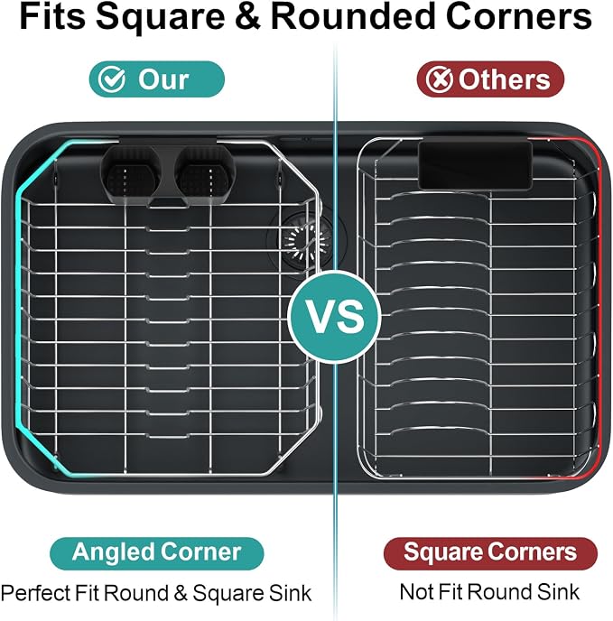 Small in Sink Dish Drying Rack - Stainless Steel for RV Kitchen | Compact Design, Rust-Resistant, Angled Corners Fit Square & Round Sinks, Removable Utensil Holder, Cup Hooks, 13.1"W x 14.4"L