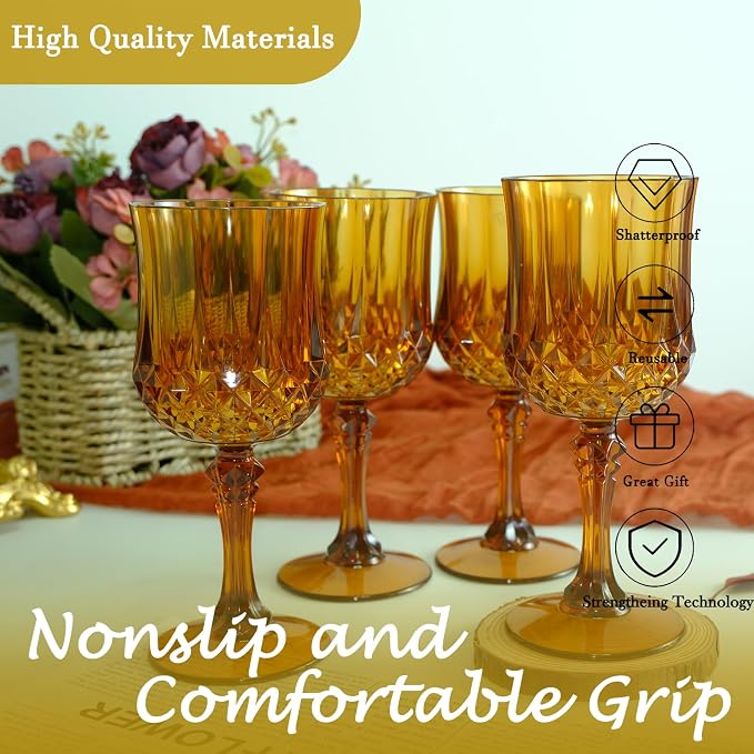 24Pack Plastic Wine Glasses, 7oz Vintage Goblets for Wedding | Unbreakable Crystal Style Reusable Stemware, Elegant Amber Drinking Glass for Party Anniversary & Holiday Celebration