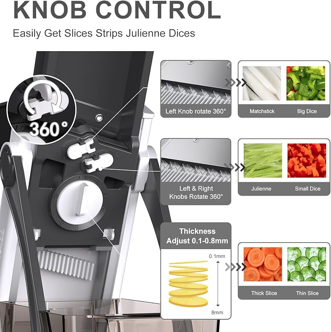 All-in-1 Safe Mandoline Slicer for Kitchen, Food Chopper with Container | 0.1-8mm Thickness Vegetable Chopper, Safe Mandoline Slicer, Potato French Fry Cutter Tomato Apple Slicer Onion (BlackKnight)