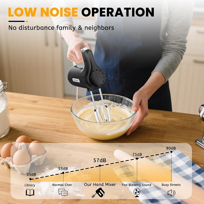 Lord Eagle 5-Speed Small Hand Mixer Electric, 300W Compact Portable, Black | Handheld Kitchen Mixer Egg Beater with 5 Attachments & Storage Bag, Cake Supplies for Bread Dough Baking, Lightweight