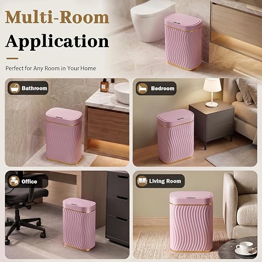 2.6 Gallon Automatic Bathroom Trash Can with Touchless Lid,Pink Gold | Motion Sensor Trash Can with Slim Waterproof Body; Small Plastic Garbage Can, hands-free lid for Bedroom, office, and kitchen