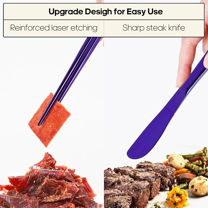 Travel Utensils with Case, Quatish 5 Piece Stainless Steel Silverware Set for Work, Portable Reusable Travel Cutlery Set, Fork and Spoon Set for Picnic, Camping, Gadgets, Lunch Box for Men, Purple