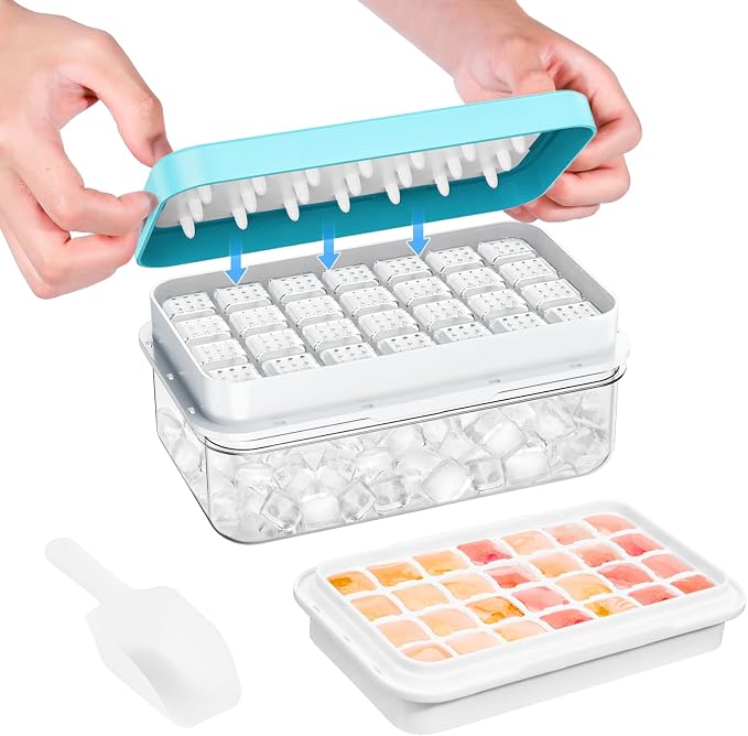 Ice Cube Tray with Lid and Bin, Easy Release 28 Cubes for Freezer | Food-grade BPA-free PP and ABS. Ice cubes for fruit, cocktails, iced coffee. Space-saving stackable with scoop