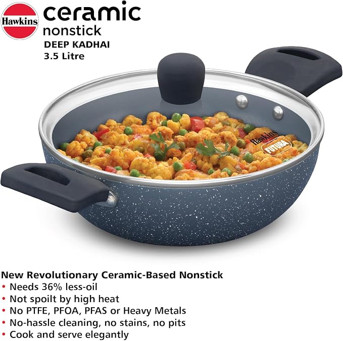 HAWKINS Ceramic Nonstick 3.5 Litre Deep Kadhai, Induction Deep Fry Pan with Glass Lid, Granite Kadai (ICK35G)