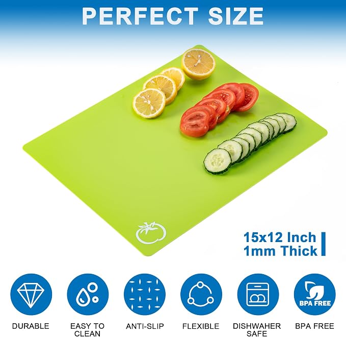 5 Pieces Flexible Plastic Cutting Board Mats with Food Icons, BPA Free Cutting Boards for Kitchen, Non Slip Cutting Mat for Meat and Vegetables (Red, Bright Yellow, Light Green, Purple, Lake Blue) | BPA Free Cutting Boards for Kitchen, Non Slip Cutting...