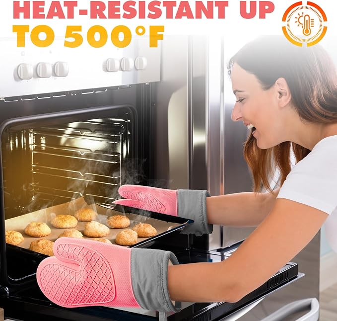 Silicone Oven Mitts (2 PCS), Waterproof Non Slip Grip Oven Gloves with Thick Soft Cotton Lining, Universal Fit Heat Resistant Kitchen Gloves for Baking, BBQ, Cooking and Grilling-Pink