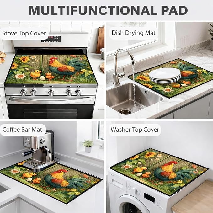 Farmhouse Rooster Stove Top Cover 28.35x20.47 in Non Slip | Heat Resistant Cooktop Protector Mat with Non-Slip Backing, Scratch Protection and Countertop Drying Mat.