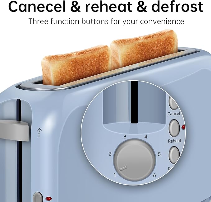 SEEDEEM 2 Slice Slim Toaster, 10" Long Slot, 6 Shade Settings, Blue | Long Slot, 6 Shade Settings, Cancel/Reheat/Defrost, Removable Crumb Tray