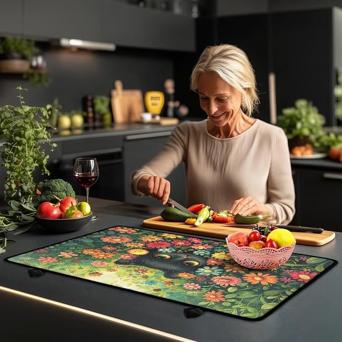 Black Cat Daisy Sunflower Plant Print Electric Stove Top Cover Dust Protection Glass Cooktop Protector Anti-Slip Range Covers with Lanyards Dish Drying Mat, 29.18 x 20.96 inch