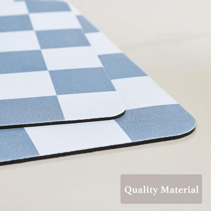 Checkered Dish Drying Mat for Kitchen Counter, Coffee Bar Station Accessories, Retro Cute Aesthetic Absorbent Coffee Mat Kitchen Drying Mat Easy Clean, Blue 12" x 19"