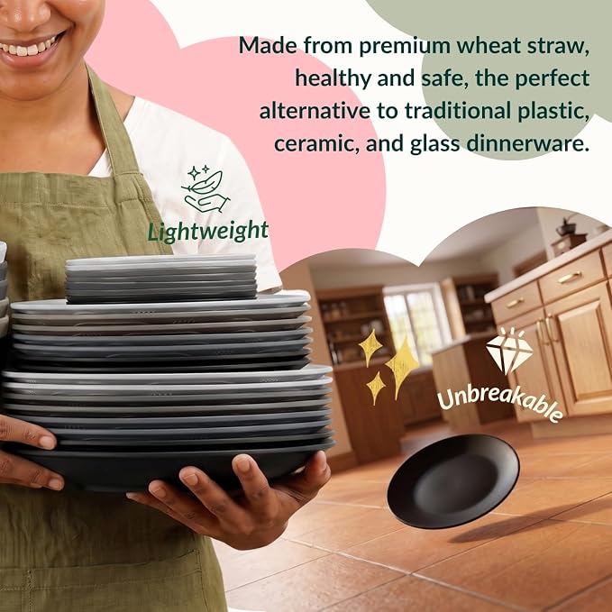 40 PCS Kitchen Plates and Bowls Sets for 8 Wheat Straw Dinnerware Sets Microwave and Dishwasher Safe Camping Dish Set Plate Set, Kids, Reusable, Unbreakable, Lightweight-BlackGrey