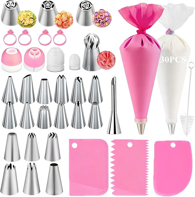 66Pcs Piping Bags and Tips Set, Cake Decorating Tools Supplies, Stainless Steel frosting tips with Reusable Pastry Bag, Cake Decorating Tips Set for DIY Pastry Dough, Cookie, Cupcake, Cake (Pink)