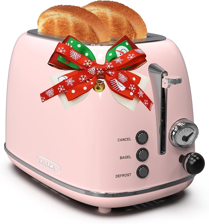 Toaster 2 slice,Retro Stainless Steel Toaster with 6 Settings, 1.5 In Extra Wide Slots, Bagel/Defrost/Cancel Function, Removable Crumb Tray (Baby pink)