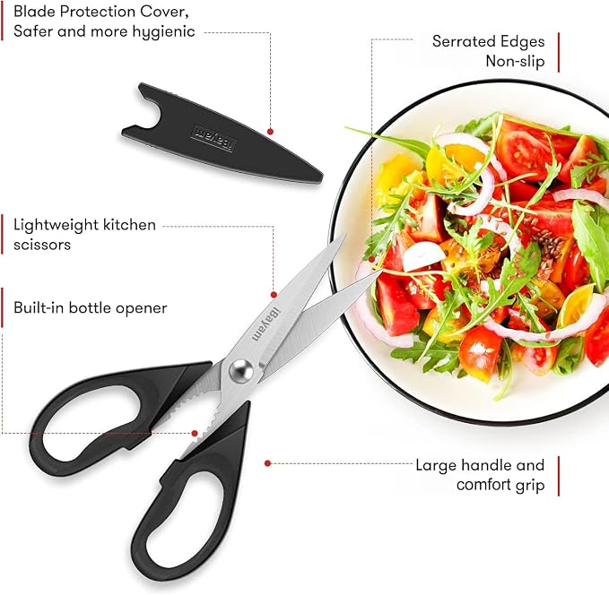 iBayam All Purpose Kitchen Shears with Protective Sheath, Black, 8.7 inch | Durable Stainless Steel Scissors, Dishwasher Safe, Soft Grip Comfort Handle, Built-In Bottle Opener