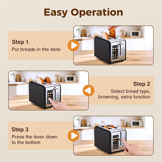 2 Slice Touch Screen Toaster Stainless Steel with Wide Slots for Family Breakfast, Even Toasting for Bagels & Bread, Defrost & Reheat, Easy Removable Crumb Tray, Matt Black