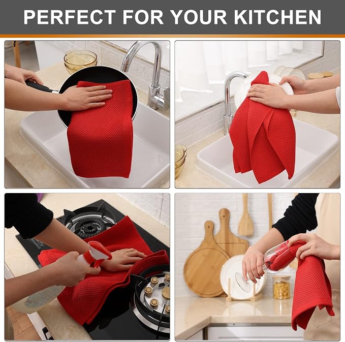 Kitinjoy 100% Cotton Waffle 8-Pack Kitchen Towels, 13" x 28", Red | Super Soft, Ultra-Absorbent, Fast Drying, lightweight, Quick Drying Kitchen Hand Towels