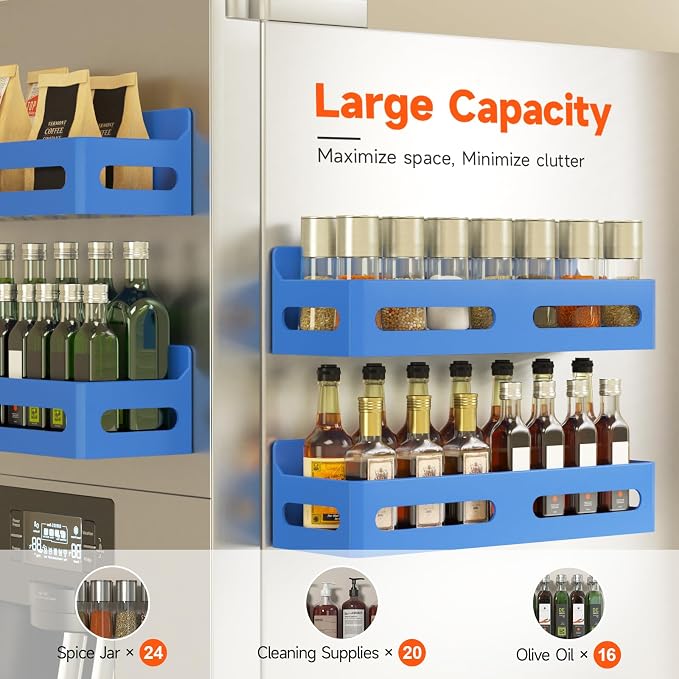 4-Pack Magnetic Spice Rack for Refrigerator with Hooks, Blue | Strong multipurpose magnetic shelf for kitchen & bathroom organization. Includes 4 removable hooks for hanging items.