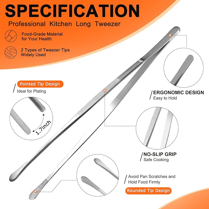 12-Inch Cooking Tweezers, 2-Pack Stainless Steel Kitchen Tongs | Two 12-inch stainless steel tongs with straight and round tips for frying, grilling, pasta, bacon, and serving.