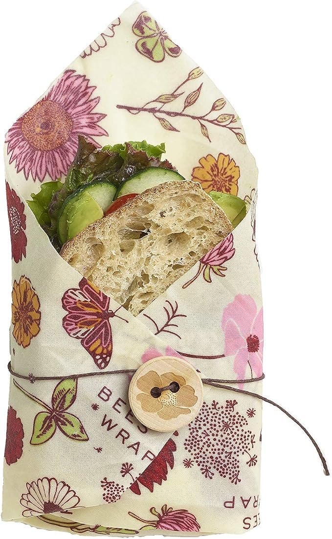 Bee's Wrap Vegan Sandwich Wrap - Meadow Magic | Button & Tie Closure - Plastic Free - Organic Plant Based Wraps - Reusable Lunch Wrap - Sandwiches & Snacks - Made in USA