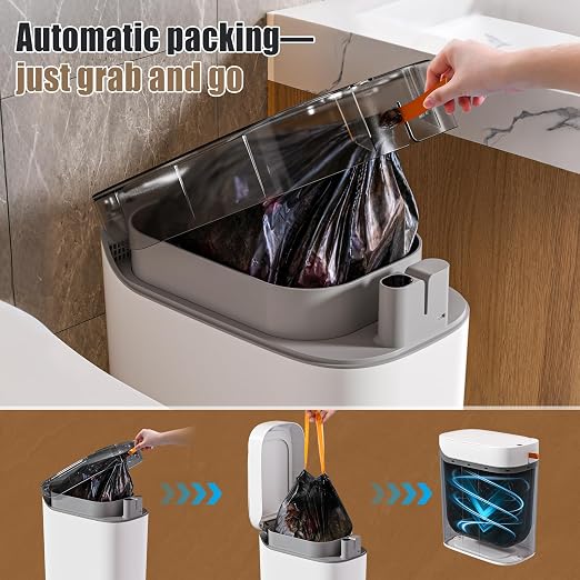 MOPUP Bathroom Trash Can, Automatic Bagging Garbage Can, 3.5 Gallon Slim Smart Small Plastic Trash Bin, Narrow Motion Sensor Trash Can for Bedroom, Office White